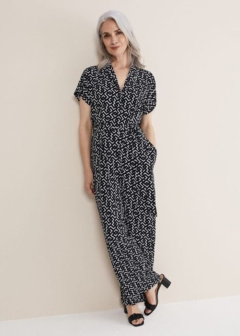 Phase Eight Paige Abstract Print Wide Leg Jumpsuit Navy/White Canada | QGINDC-279